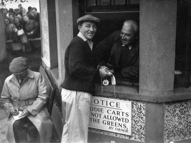 Bing Crosby on the golf course at St Andrews, 1950.