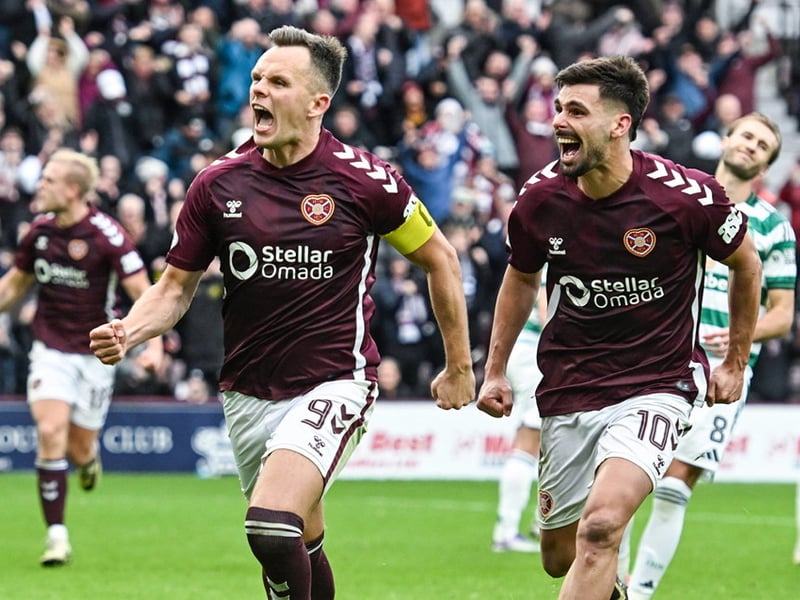 Hearts' Lawrence Shankland celebrates after scoring a penalty