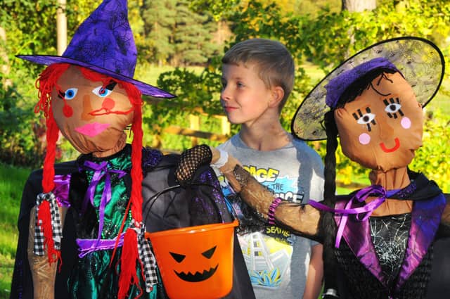 Lucas Smith, 10, from Horsforth meets up with scarecrows.