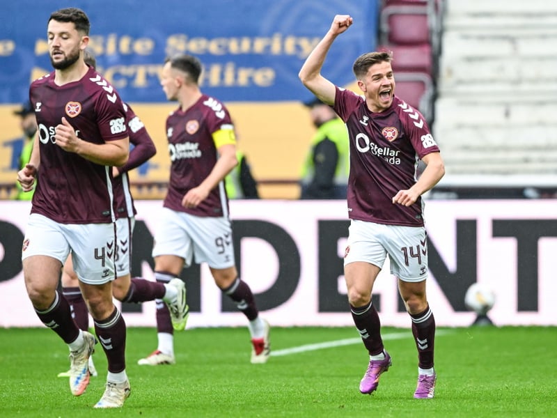Hearts' Cammy Devlin (R) celebrates after Celtic's Dane Murray scores an own goal