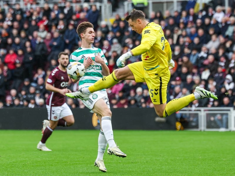 Hearts' Alexander Schwolow (R) and Celtic's Johnny Kenny in action