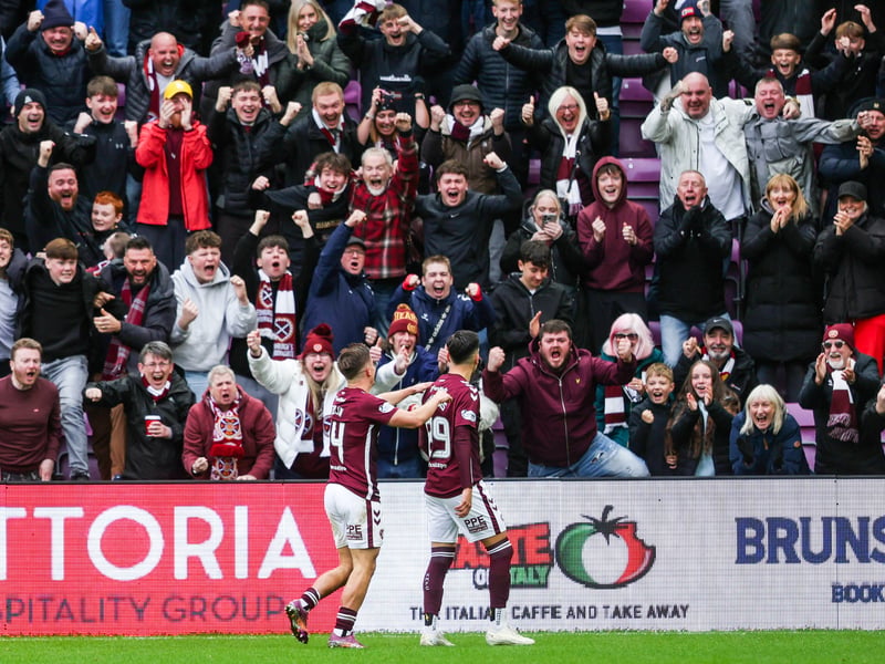 Hearts fans celebrate Alexandros Kyziridis excellent second goal as their side go 2-1 up at Tynecastle.