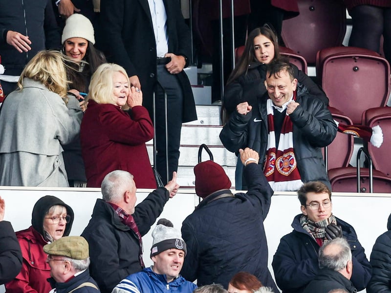 Hearts investor Tony Bloom and Ann Budge celebrate the win with fans at Tynecastle.