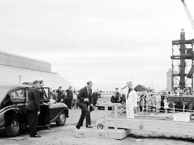 The Duke of Edinburgh visits the US Coastguard Cutter Eagle at Leith Docks in July 1962.