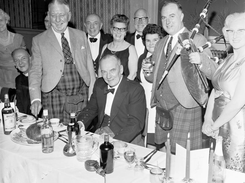 Captain A M Campbell addresses the haggis at a Burns Supper in Leith Burns Club in 1969.