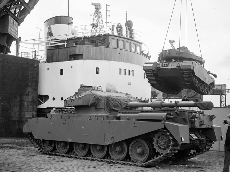 Ten centurion tanks being loaded for Sweden at Leith Docks in April 1952.