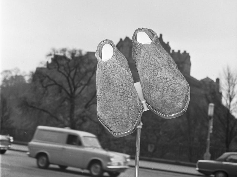 Whale skin shoes on diplay in a shop on Princes Street in May 1966.
