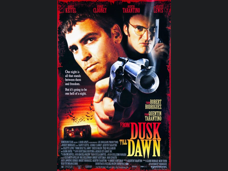 Directed by Robert Rodriguez and with a script co-written by Quentin Tarantino, From Dusk Till Dawn is a 1996 film starring Tarantino, Harvey Keitel, George Clooney, as well as actors such as Salma Hayek. An action horror film, it follows a pair of brothers fleeing to Mexico after a robbery gone wrong where they encounter a bloodthirsty gang of vampires.
