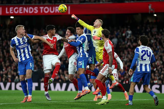 Brighton goalkeeper Jason Steele punches clear during the Carabao Cup tie at Arsenal