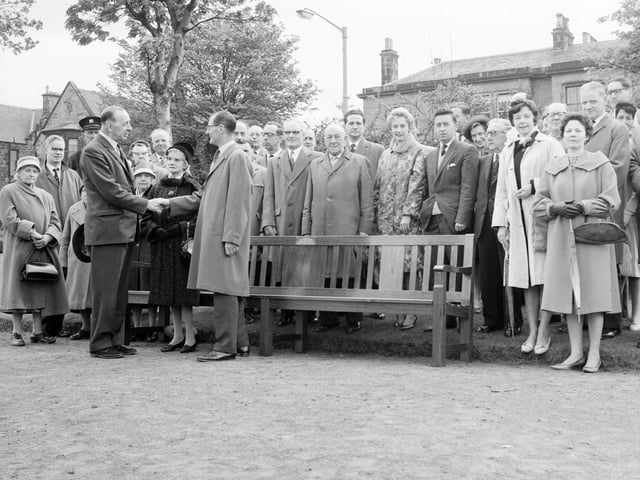 The presentation of a bench to Edinburgh Corporation by Portobello Co-op Society Employees Welfare Association in May 1963.
