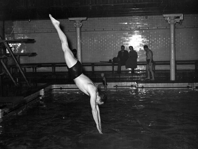 Scottish Olympic diver Peter Heatly training at Portobello Indoor Baths in March 1956.