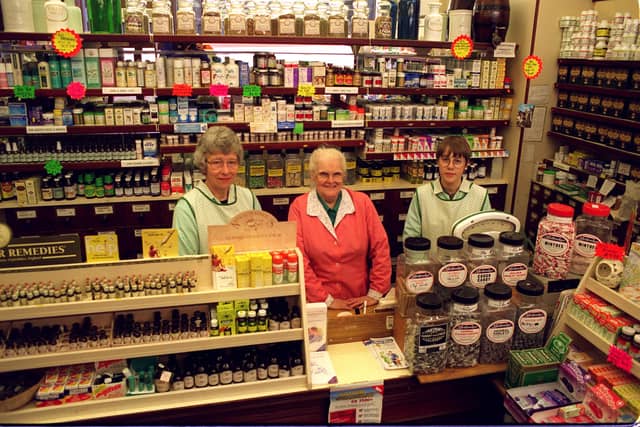Inside herbalists J.W.Clapham in May 1996. Pictured is Lily Clark, centre, with two of her staff Sylvia Watson, left, and Judith Wade.
