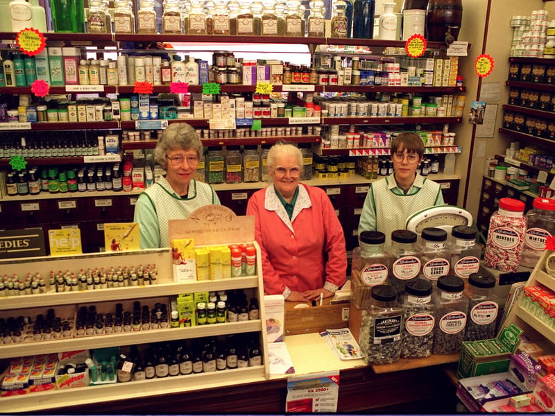 Inside herbalists J.W.Clapham in May 1996. Pictured is Lily Clark, centre, with two of her staff Sylvia Watson, left, and Judith Wade.