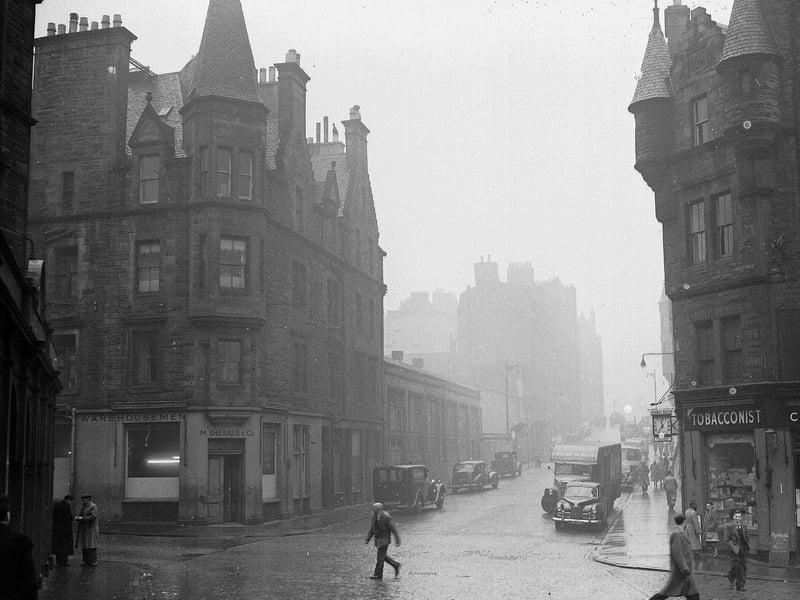 Looking up St Mary's Street from the junction of the Cowgate, Holyrood Road, and Pleasance in December 1955.