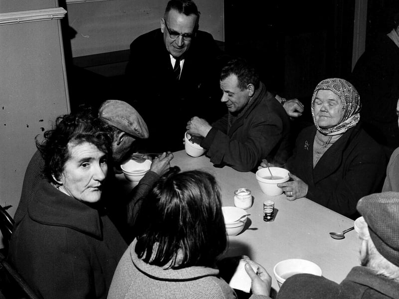 Lunchtime soup service in the Grassmarket Mission in January 1964.