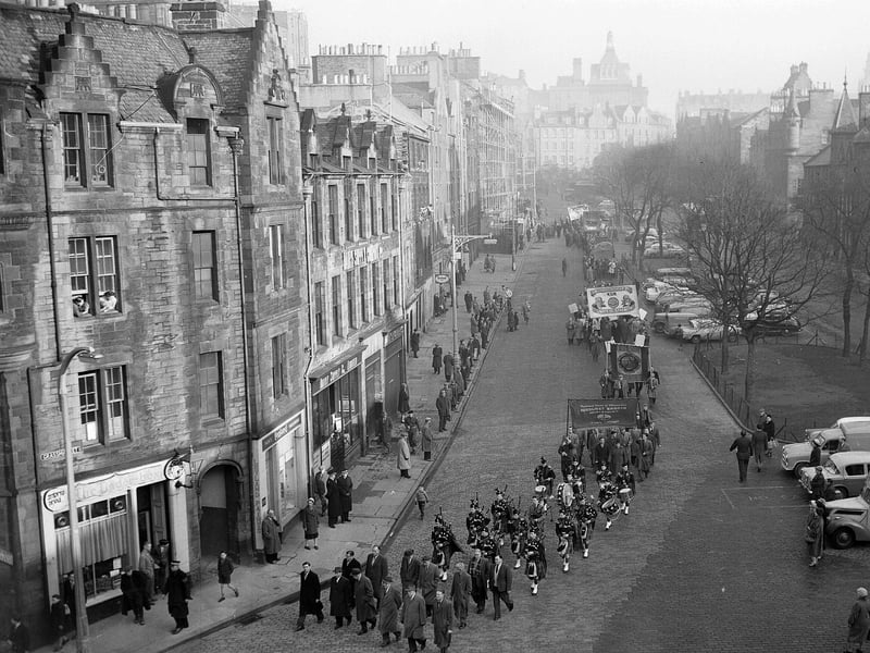 A miners protest rally about pit closures heads up the Grassmarket in January 1962.