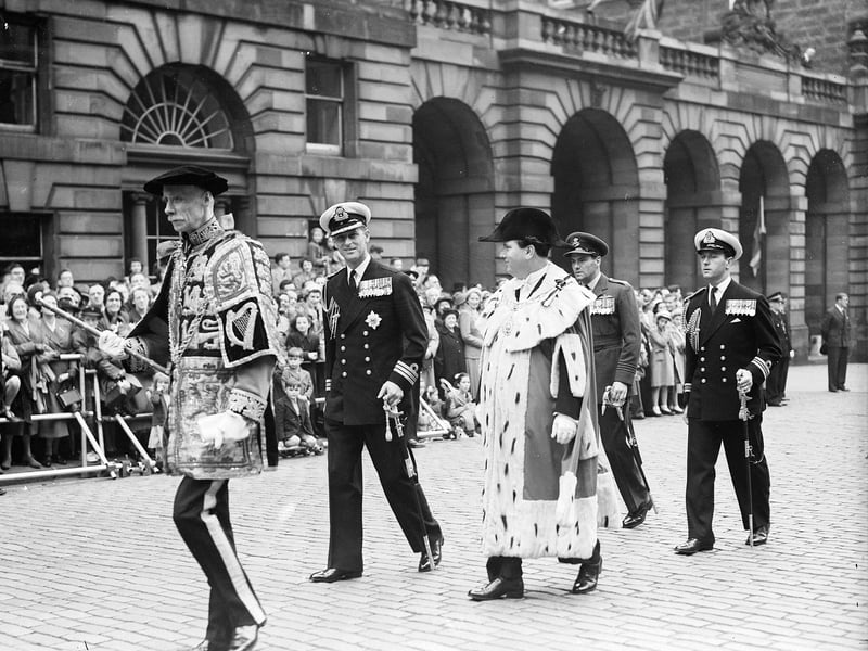 The opening of the 1952 Edinburgh Festival. The Duke of Edinburgh and Lord Provost James Miller lead the procession up the Royal Mile from Edinburgh City Chambers to St Giles.