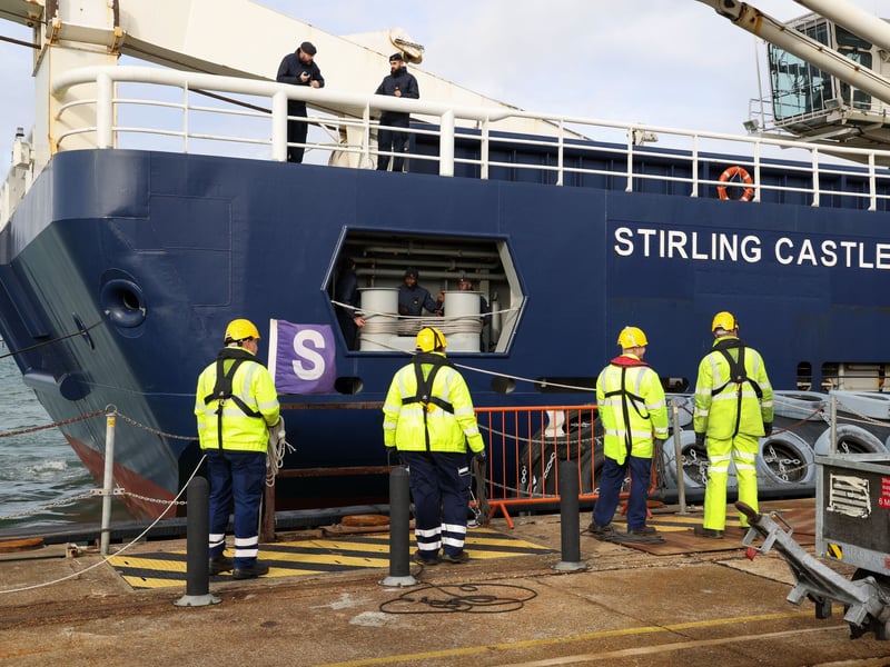 Ships company working lines as HMS Stirling Castle comes alongside at HMNB Portsmouth.