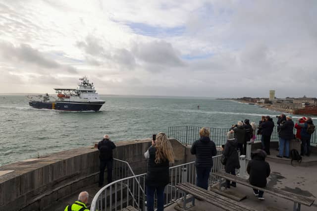 The Royal Navy's newest ship, HMS Stirling Castle, passing The Round Tower inbound to Portsmouth Harbour.