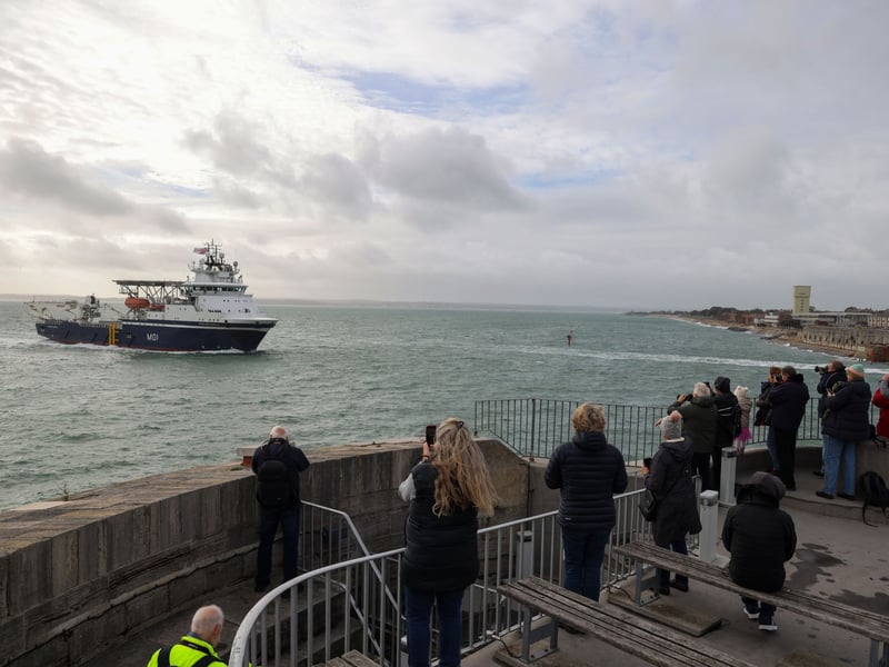 The Royal Navy's newest ship, HMS Stirling Castle, passing The Round Tower inbound to Portsmouth Harbour.