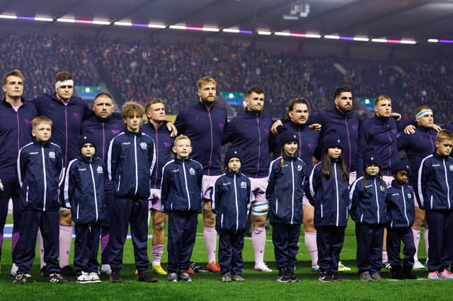 EDINBURGH, SCOTLAND - NOVEMBER 01: Scotland players during the national anthem ahead of a Quilter Nations Series match between Scotland and the USA at Scottish Gas Murrayfield, on November 01, 2025, in Edinburgh, Scotland. (Photo by Ross Parker / SNS Group)