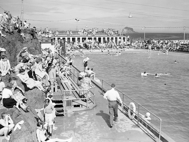 Holidaymakers at North Berwick open-air swimming pool in 1953.