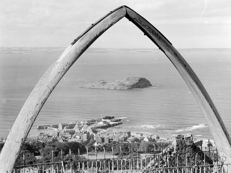 Craigleith Island at North Berwick framed by whale's jawbone on top of North Berwick Law in 1960.