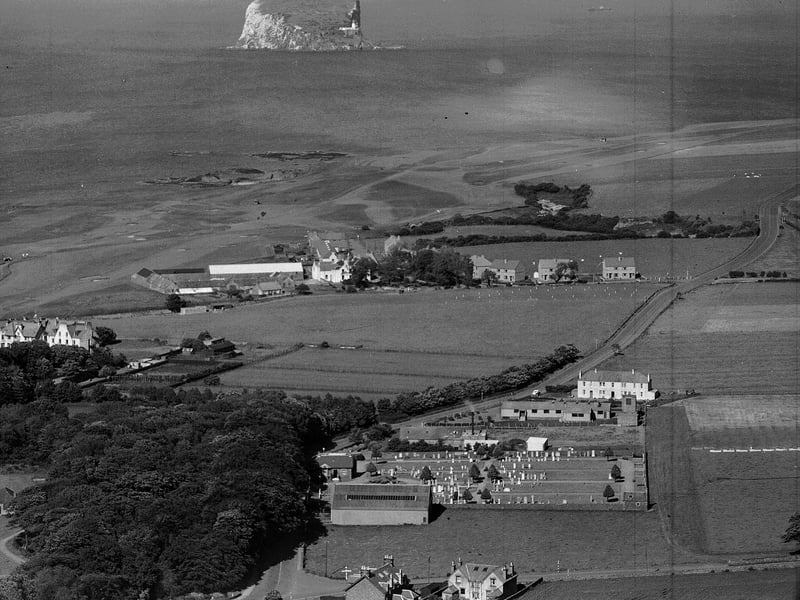 North Berwick harbour from North Berwick Law looking over to the Bass Rock in 1960.