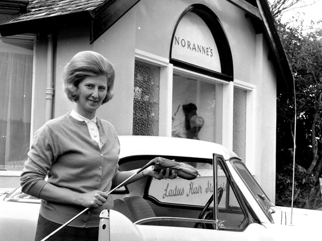East Lothian golfer Marjory Fowler outside her North Berwick beauty salon, Noranne's, in June 1966.