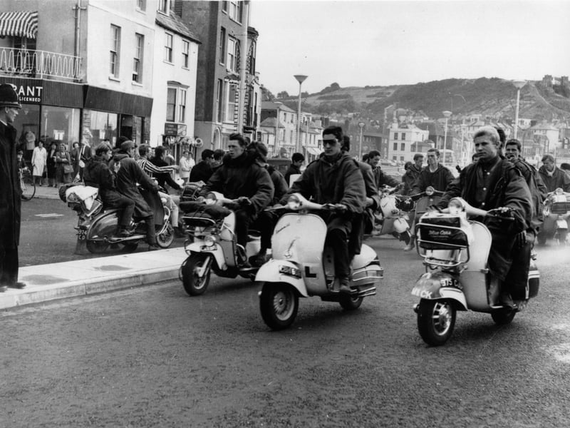 Mods at Hastings with their scooters