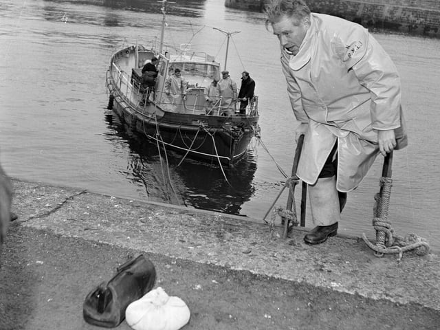 Dr Cordin at Dunbar Harbour after taking part in the lifeboat and trawler dash in December 1964.