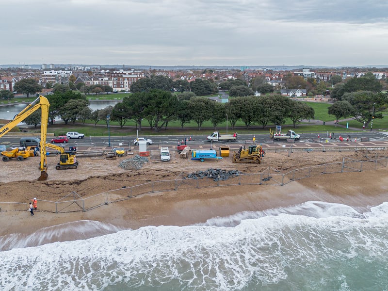 Ongoing work in Southsea to re-shingle the beach to create better sea defences