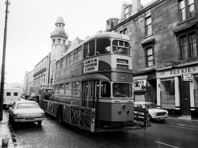 The Cunarder tramcar is taken to the Glasgow Museum of Transport on the back of a lorry in November 1972