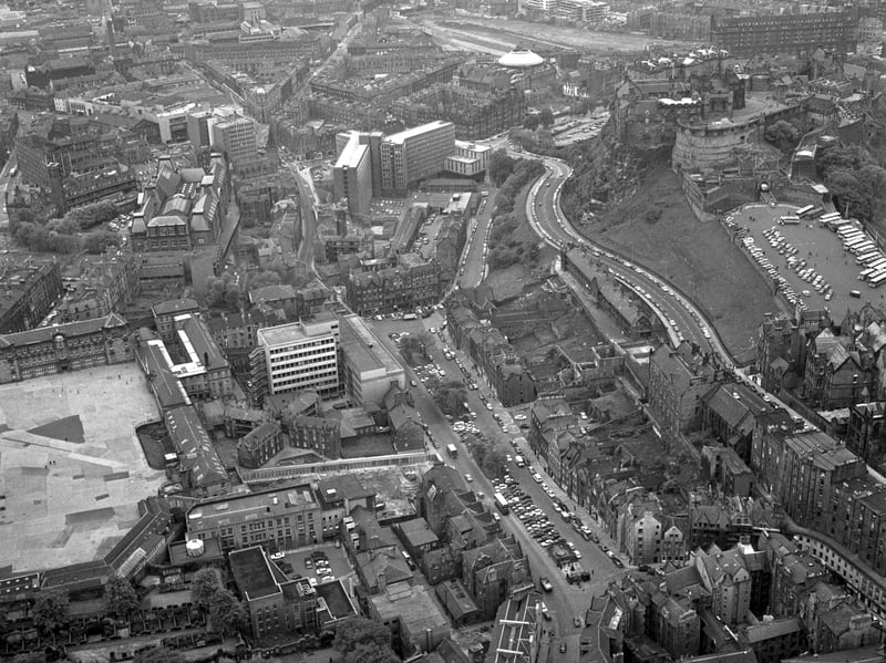 An aerial view of the Grassmarket area of Edinburgh in June 1972