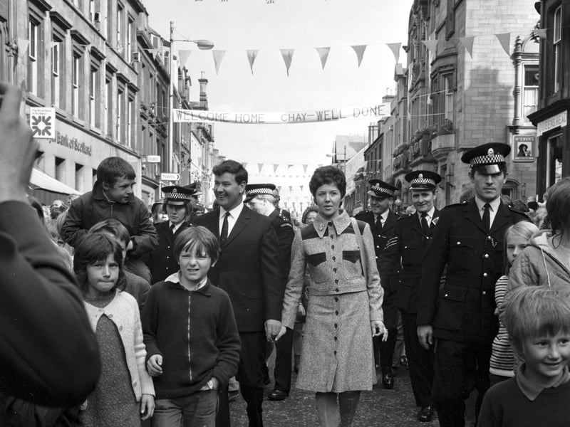 Round-the-world yachtsman Chay Blyth and his wife are given the Freedom of Hawick in September 1971, surrounded by the crowds and the police in the Borders town High Street