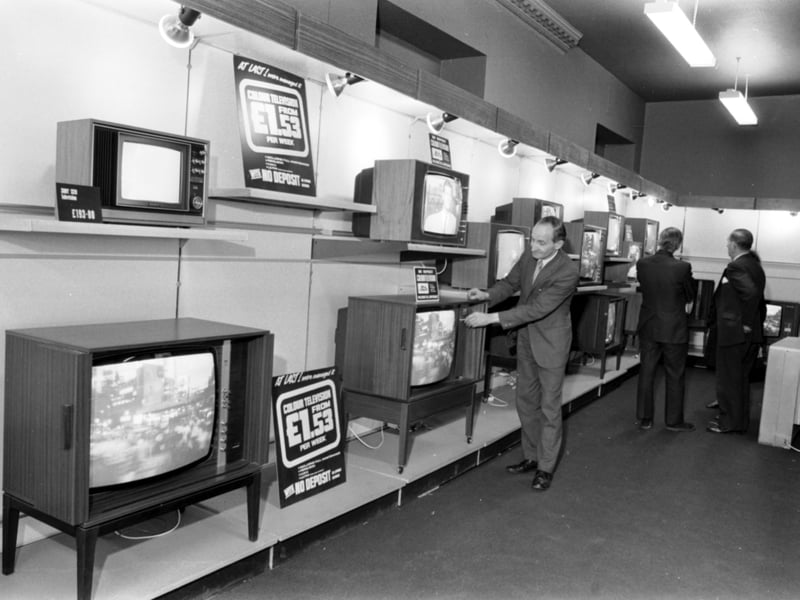 Colour TVs available to rent, for £1.53 per week, at Grants department store, Edinburgh, in October 1972