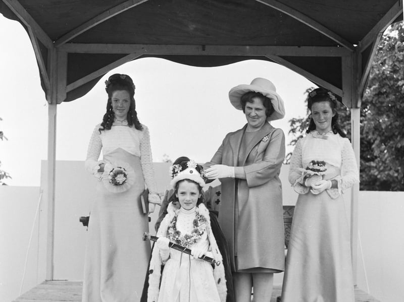 Queen Geraldine is crowned gala queen at Grangemouth Gala day, held at Zetland Park, in June 1971