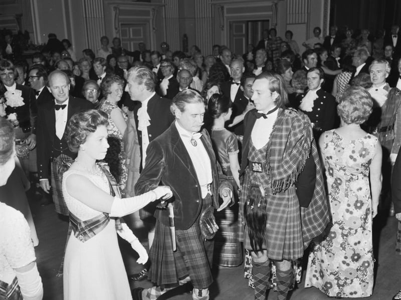 Queen Elizabeth II at the Royal Scottish Country Dance Society ball in the Assembly Rooms, Edinburgh, in July 1973