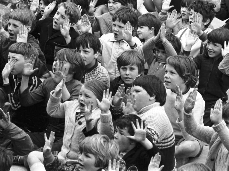 Youngsters join in during Children's Hour in West Princes Street Gardens, Edinburgh, in July 1973