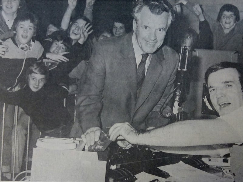Radio1 DJ Alan 'Fluff' Freeman broadcasts live from the Argos Centre, Kirkcaldy, in 1973. More than 200 people turned up to see him, and he was welcomed by Provost John Kay (pictured)