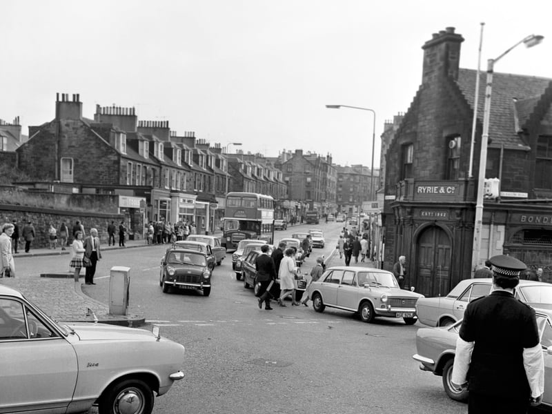 Pedestrians brave the traffic at Haymarket, Edinburgh, by Ryrie's bar, in August 1971, before a crossing was installed