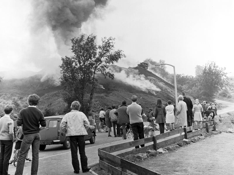 People stop to watch a big fire at Mauricewood, Penicuik, in June 1971