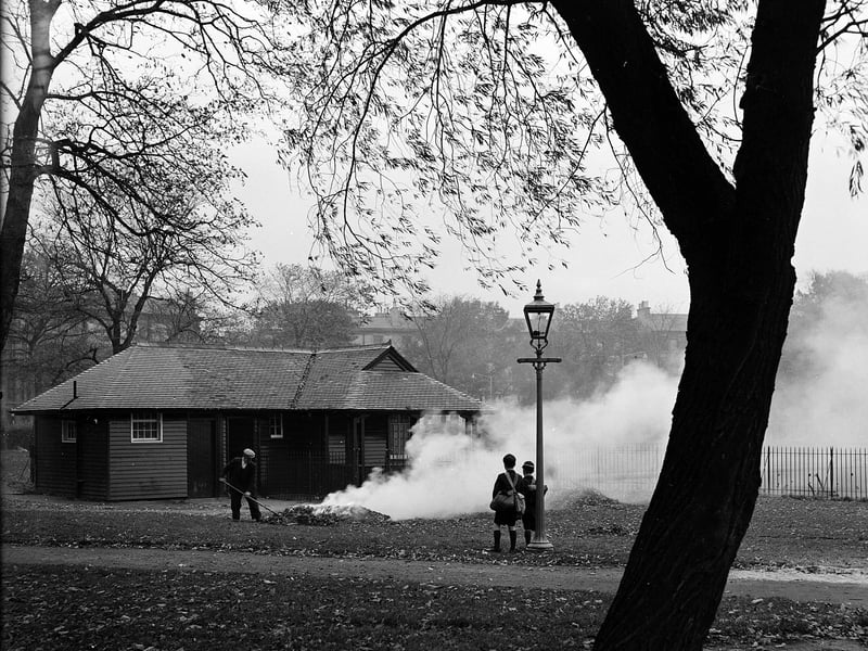 Burning leaves in West Meadows in November 1958.