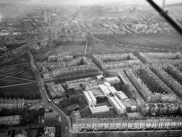 An aerial view of the new James Gillespie's High School for Girls building  on the edge of the Meadows in Warrender Park Crescent in April 1959.