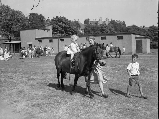 Children enjoying pony rides in the Meadows in August 1955.