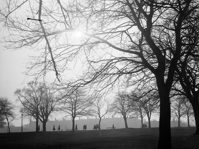 People stroll through the Meadows at Bruntsfield in February 1964