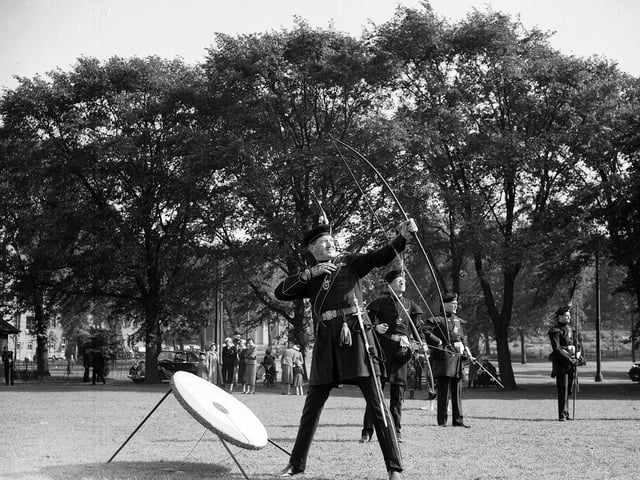 The Royal Company  of Archers' annual competition  in the Meadows in June 1954. Brigadier J Grainger Stewart shoots.