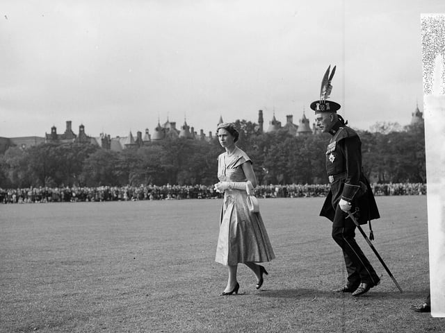 Queen Elizabeth II and Prince Philip Duke of Edinburgh in The Meadows to see the Royal Company of Archers in July 1956.