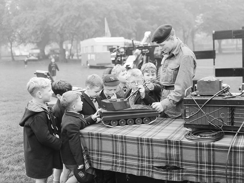 Schoolboys visiting the 40th Regiment Royal Artillery recruiting display in the Meadows in September 1962.