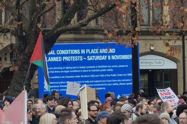 Police positioned an illuminated screen near the Cathedral setting out the rules and routes for today’s protest and counter-protest marches.